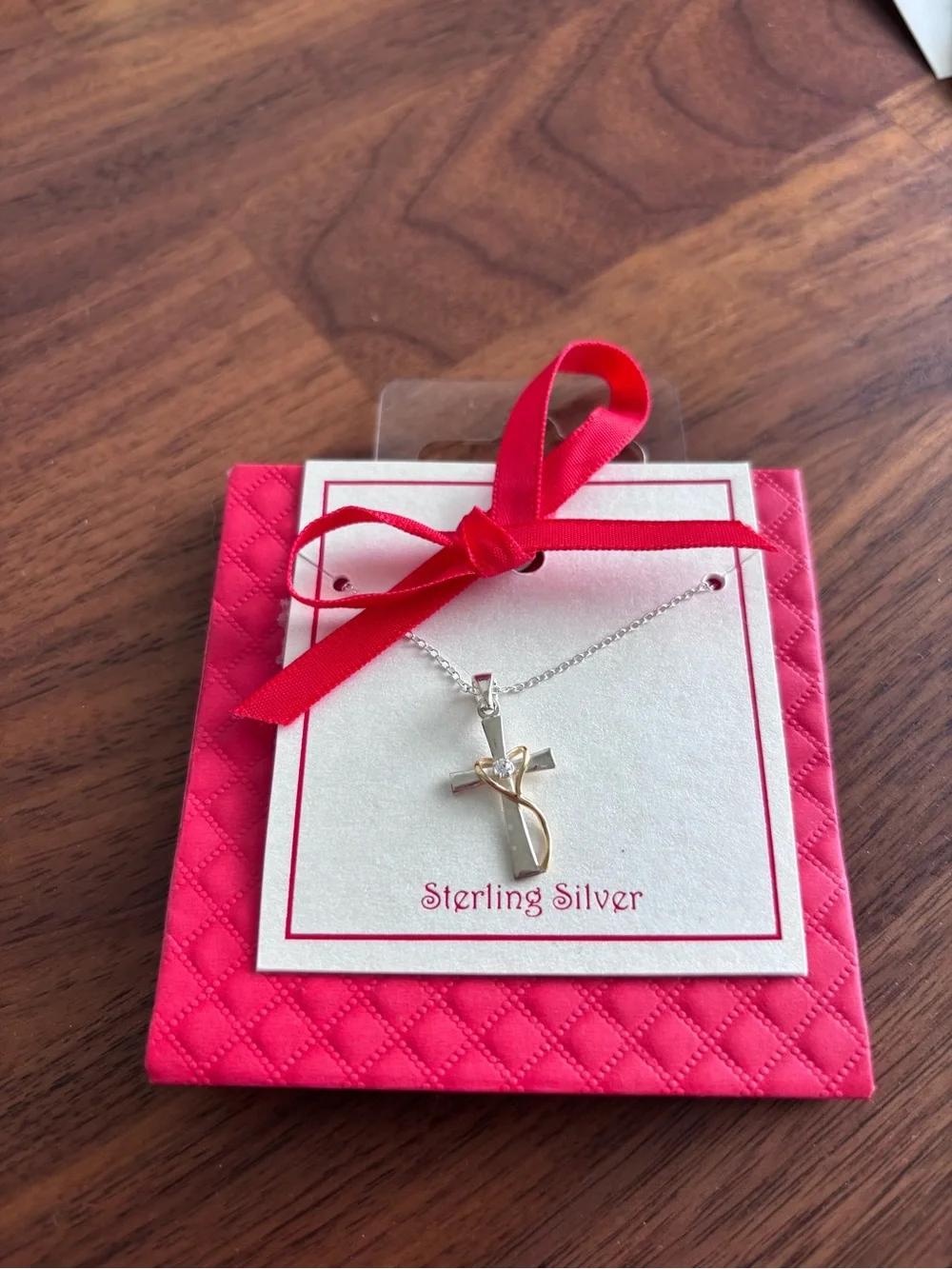 Sterling Silver 18 inch Two-Tone Cross Pendant Necklace with cubic zirconia